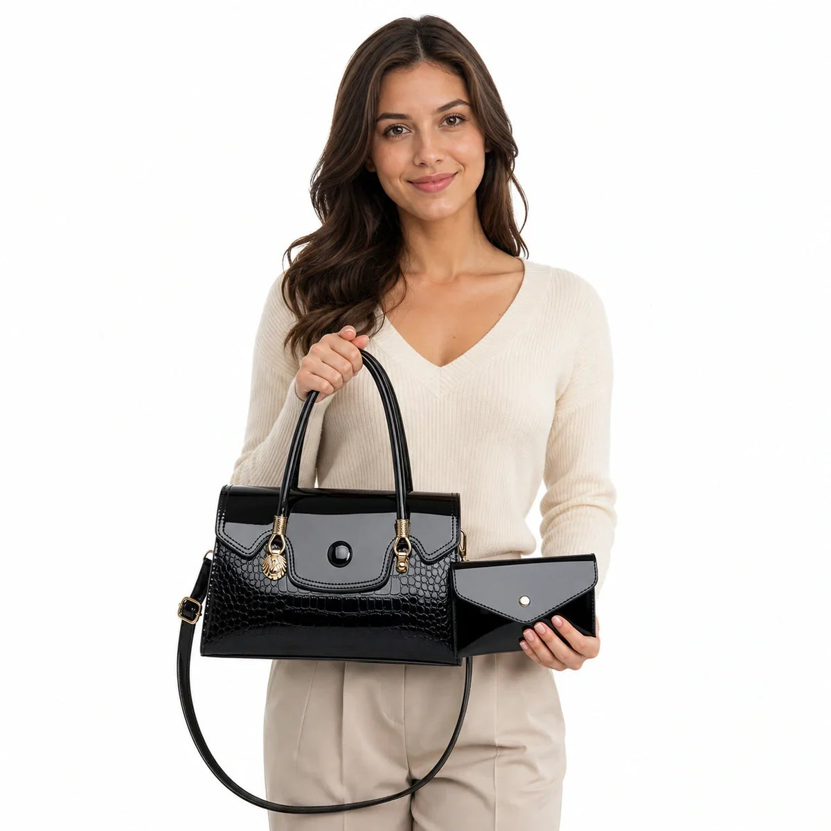 Crocodile Pattern Leather Crossbody Bag & Wallet Set - KIRA